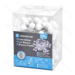 Lampki choinkowe mleczne kulki 100LED na 3 baterie AA, Zimna biel, 10m